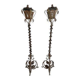 1900s Distressed French Wrought Iron Lanterns, Rococo Style For Sale