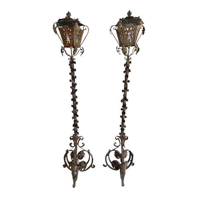 1900s Distressed French Wrought Iron Lanterns, Rococo Style For Sale