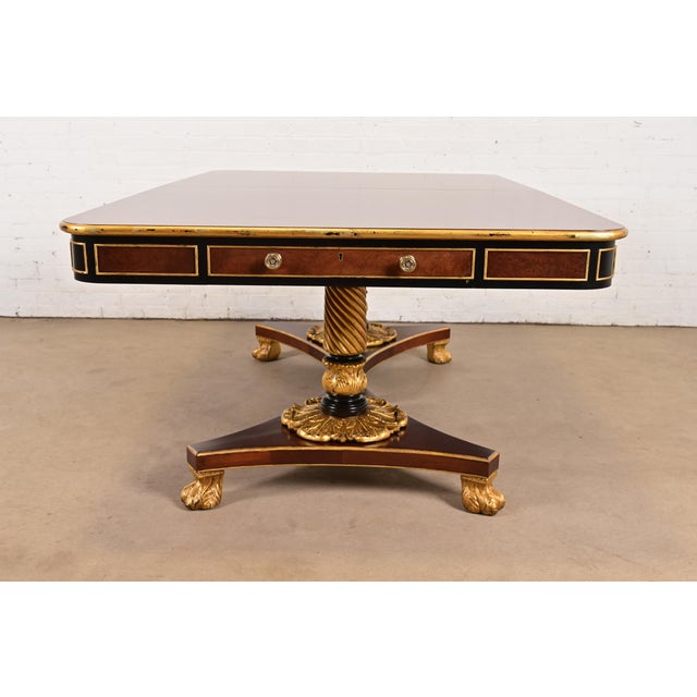 Baker Furniture Stately Homes Collection Mahogany, Burl Wood, and Parcel-Gilt Double Pedestal Extension Dining Table, Newly Restored For Sale - Image 15 of 18