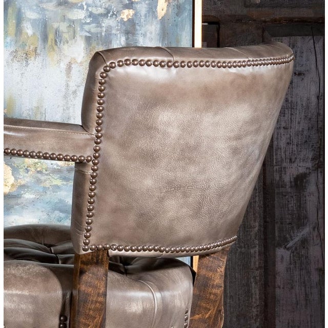 Wood Chisum Slate Barstool | Leather | Tufted | Swivel | Modern Rustic | Arms | Grey | Taupe For Sale - Image 7 of 9