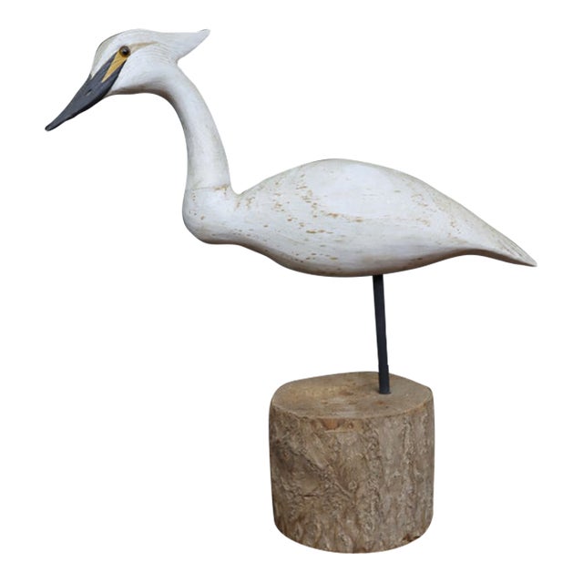 Hand-Carved White Heron Sculpture on Natural Wood Base by Roe For Sale
