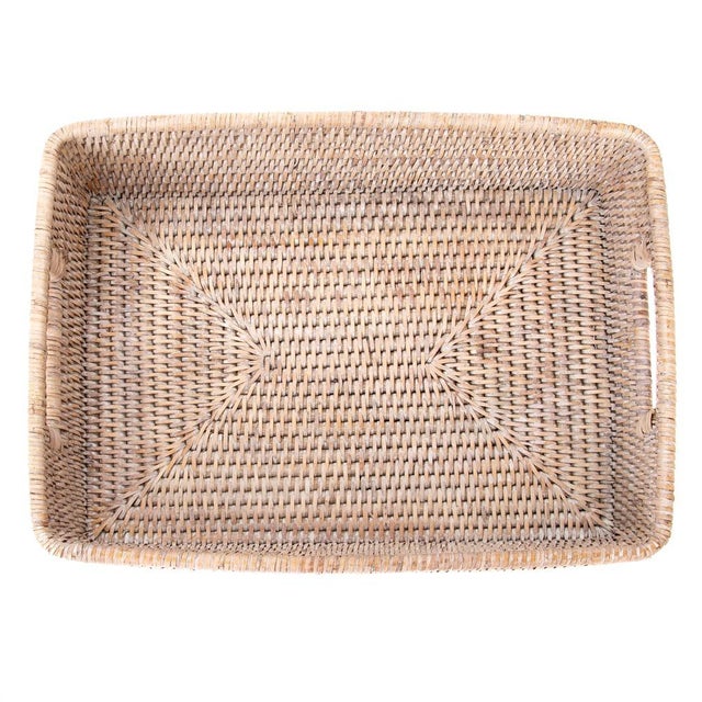 2020s Artifacts Rattan Rectangular Storage Basket with Rounded Corners in White Wash - 14" For Sale - Image 5 of 8