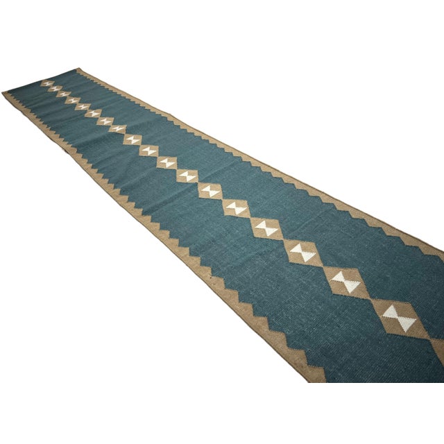 Handmade New Zealand Wool Dhurrie Runner, Turquoise Blue, Cream and Beige Diamond Runner Rug - 3'x20' For Sale - Image 10 of 15