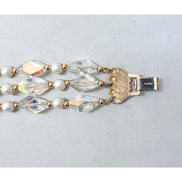 Vintage 1960s Signed Napier 3-Strand Faux-Pearl & Aurora Borealis Beaded Bracelet For Sale In Philadelphia - Image 6 of 7
