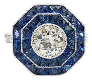 Platinum 950 Natural Diamond and Natural Sapphire Milgrain Ring, Size 6.5