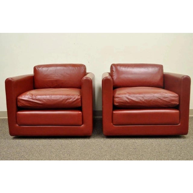Vintage Mid Century Modern Red Leather Cube Club Lounge Chairs on Casters - Pair For Sale - Image 12 of 12