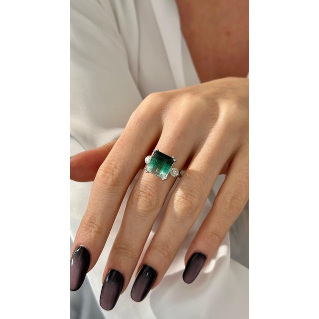 Natural Tourmaline Diamond Ring Size 7 14k W Gold 8.5 TCW Certified For Sale In New York - Image 6 of 16