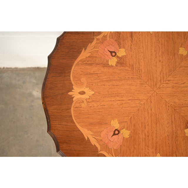 Wood Romweber Style French Provincial Louis XV Carved Walnut and Satinwood Inlaid Marquetry Side Table, Circa 1930s For Sale - Image 7 of 14