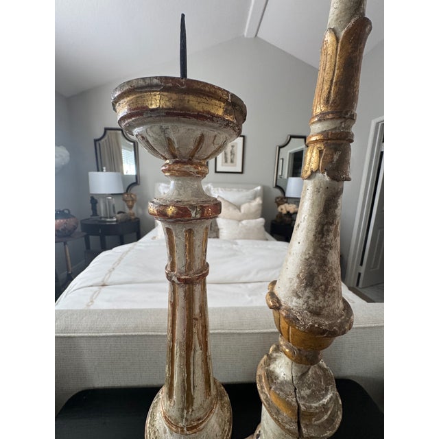 Pair of Antique Italian Painted Wood Candlesticks With Aged Patina For Sale - Image 14 of 15