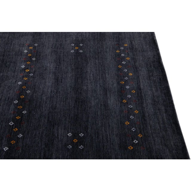 Modern Gabbeh Style Handmade Charcoal Wool Rug With Minimalist Design For Sale In New York - Image 6 of 7