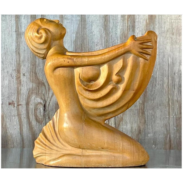 Khaki Vintage Boho Hand Carved Wooden Lady With Nautilus For Sale - Image 8 of 12