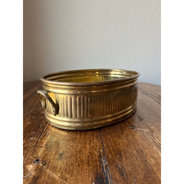 Metal Vintage Oval Ribbed With Handle Brass Planter Cachepot Made in India For Sale - Image 7 of 12