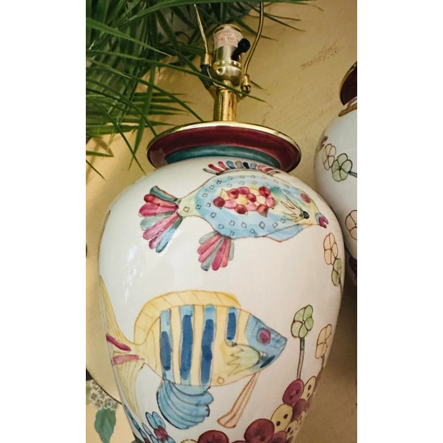 Wood Vintage Hand Painted Coastal Fish Lamps - A Pair For Sale - Image 7 of 8