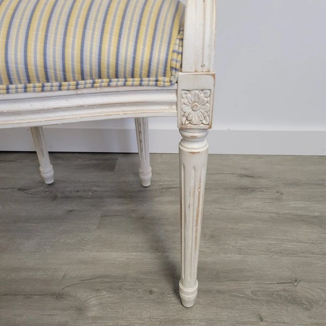 Ethan Allen Ethan Allen Louis XVI French Striped Style Oval Back Armchairs in Distressed White Finish For Sale - Image 4 of 13