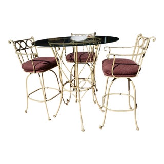 Timmerman Pale Yellow Wrought Iron & Glass Top Round Patio Bistro Bar Set W/ 3 Swivel Stools For Sale