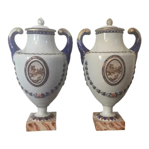 1790 Antique Chinese Export Porcelain Pistol Handled Vases Decorated with Sepia Landscapes - A Pair