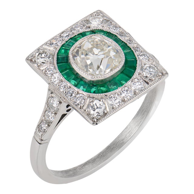 Art Deco Style 1.00 Carat Old Mine Cut Diamond Emerald Platinum Target Ring, Size 7.25 For Sale