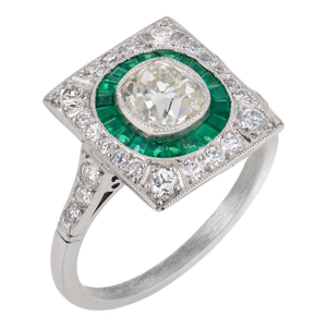 Art Deco Style 1.00 Carat Old Mine Cut Diamond Emerald Platinum Target Ring, Size 7.25
