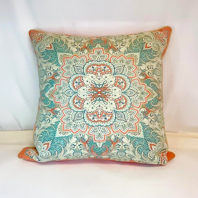 What a lovely combination of coastal colors on this large decorative pillow. The design is Mediterranean in cream, coral...