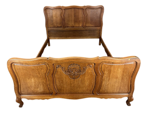 Vintage French Louis XVI Double Bed Frame in Oak with Carved Headboard