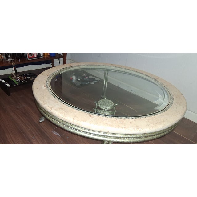 Maitland Smith Style Round Stone & Beveled Glass Coffee Table W/Burnished Silver Legs For Sale - Image 11 of 11