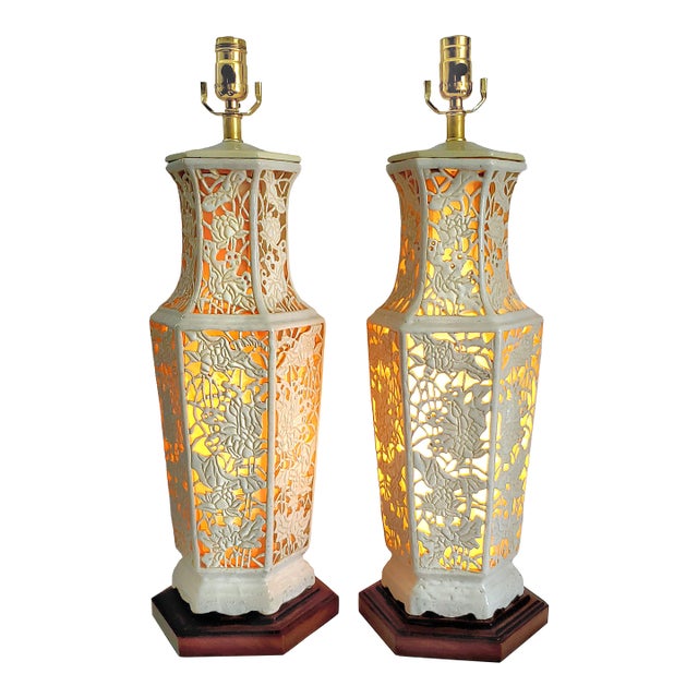 Lamps - Huge Reticulated Blanc De Chine Pair - Restored For Sale