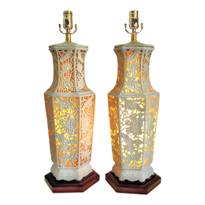 Lamps - Huge Reticulated Blanc De Chine Pair - Restored