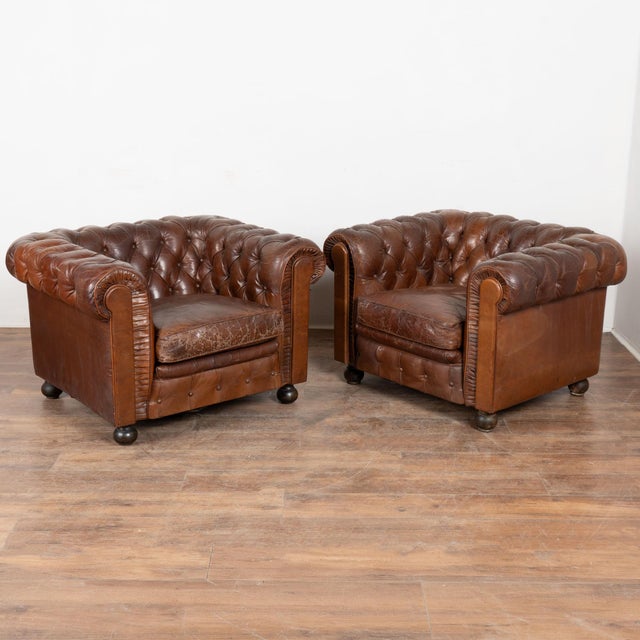 Traditional Set of Three Vintage Brown Leather Chesterfield Seating Group With Sofa and Pair of Club Chairs For Sale - Image 3 of 18