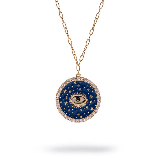Cosmic Evil Eye Star Medallion Gold Necklace For Sale - Image 12 of 12