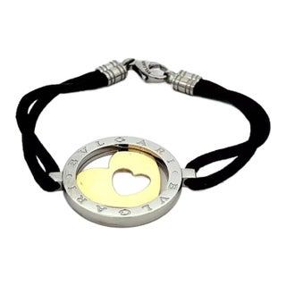 26446 - Bvlgari Tondo 18k Yellow Gold & Steel Heart Circle Charm & Cord Bracelet For Sale
