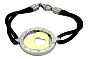 Bvlgari Tondo 18k Yellow Gold & Steel Heart Circle Charm & Cord Bracelet