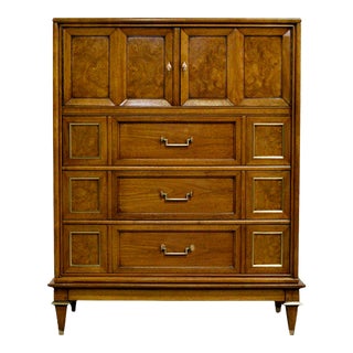 Vintage Transitional Burlwood Brass Highboy Gentleman's Chest Dresser by Mastercraft For Sale