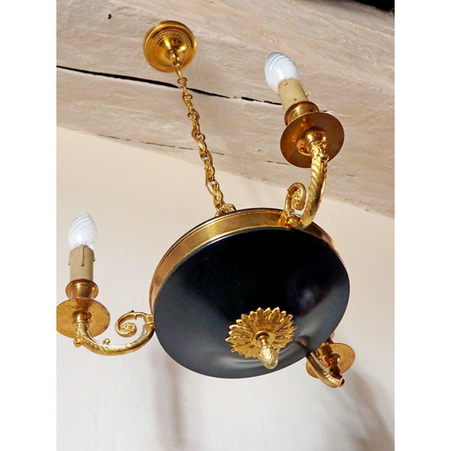 Vintage French Empire 3-Arm Brass Dark Green Tole Chandelier, 1960s For Sale - Image 11 of 16