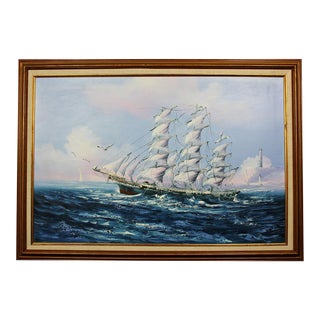 1980s K. Maskell Original Framed Nautical Painting Sailing Ship at Sea For Sale