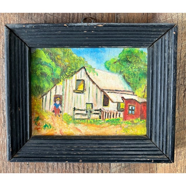 Folk Art, Americana Small Oil Paintings - Collection of 3 in Original Wood Frames For Sale - Image 4 of 6