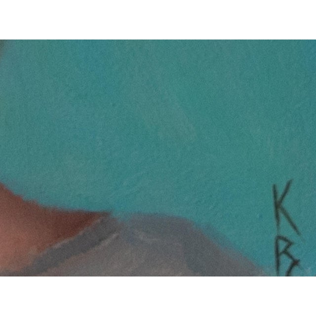 "Teal Tranquility" is an oil on panel painting by Kelly Birkenruth, completed in 2026. A woman is seen from behind against...