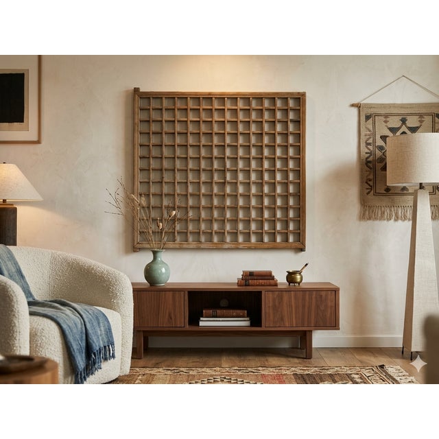 Vintage Restored Oriental Lattice Square Pattern Rustic Raw Wood Wall Panel For Sale - Image 12 of 12