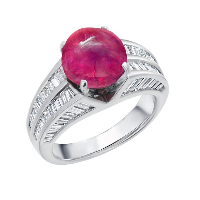 Red Gia Certified No Indication of Heating Burma Cabochon Ruby Diamond Platinum Ring, Size 5 For Sale - Image 8 of 9