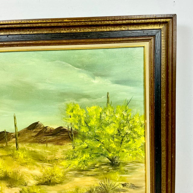 1970s Vintage Southwestern Impressionist Saguaro Landscape Folk Art Original Oil Painting, Artist Signed For Sale - Image 9 of 13