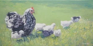 Sean Wu Original Oil Painting of Hen and Chicks