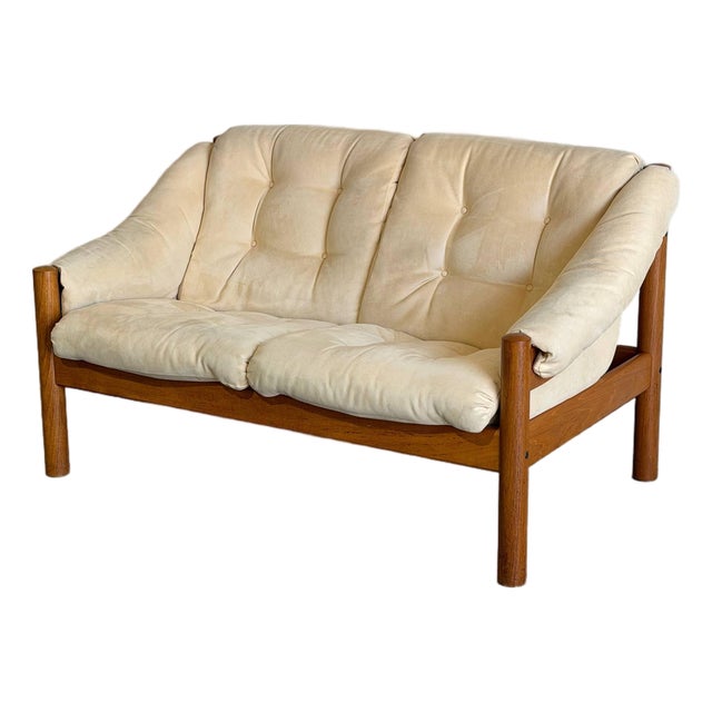 Teak Beige Loveseat Settee Sofa Lounge Upholstered Furniture in Style of Domino Mobler Denmark 1960s For Sale
