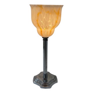 Art Deco Chalice Shaped Multi Colored Glass Table Lamp with Silver Plated Base & Power Switch For Sale