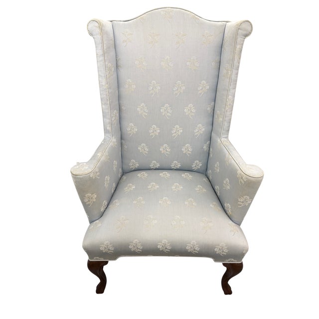 Baker Furniture Company Baker Furniture Attributed Blue Damask Wingback Chairs - A Pair For Sale - Image 4 of 15