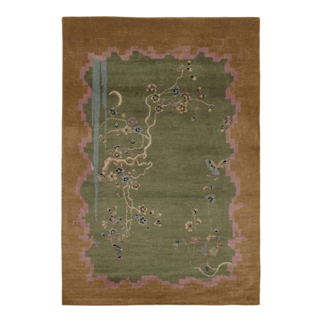 Rug & Kilim’s Chinese Art Deco Inspired Rug, Green With Cherry Blossom Florals For Sale
