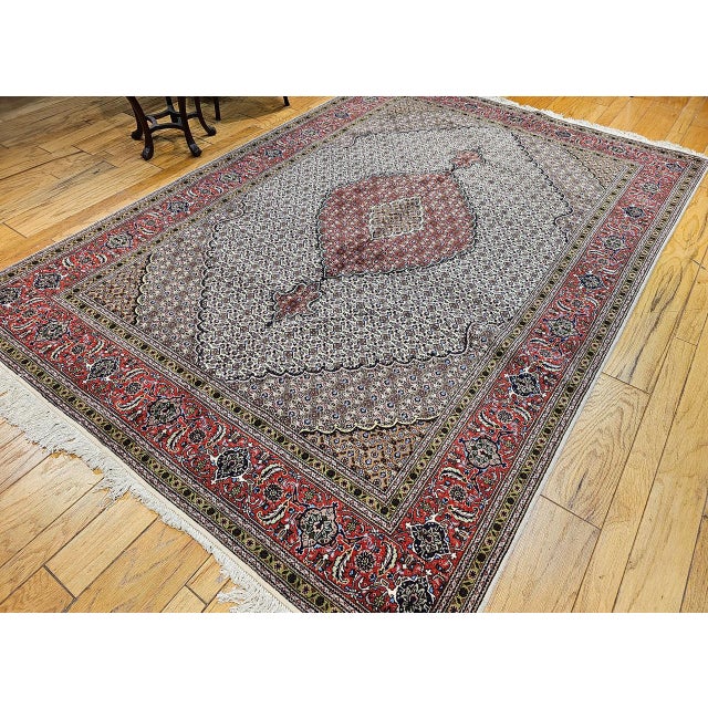 Antique Persian Tabriz Mahi Rug, Hand-Knotted Wool & Silk, Herati Geometric Pattern, Ivory & Red, 7x10 For Sale - Image 9 of 17
