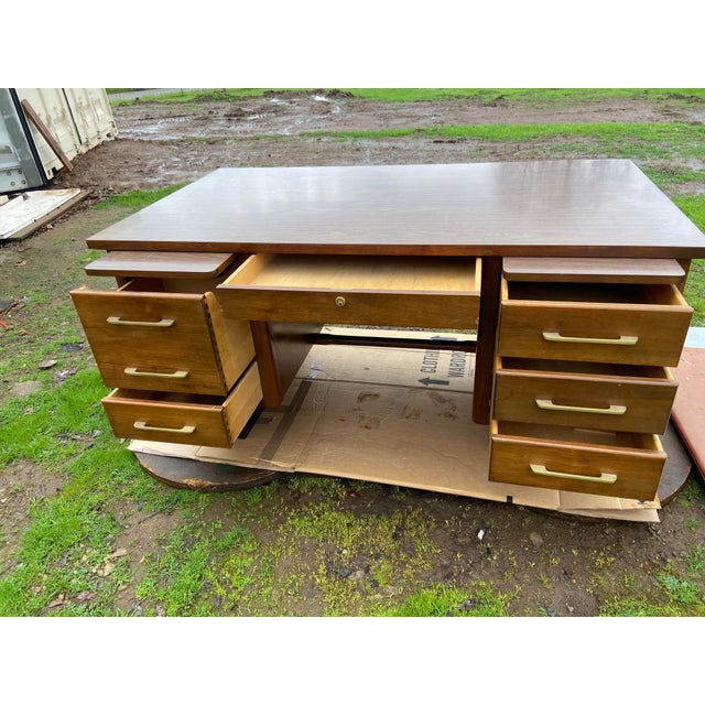 1970s Vintage Mid Century Modern Wooden Tanker Desk For Sale - Image 4 of 12