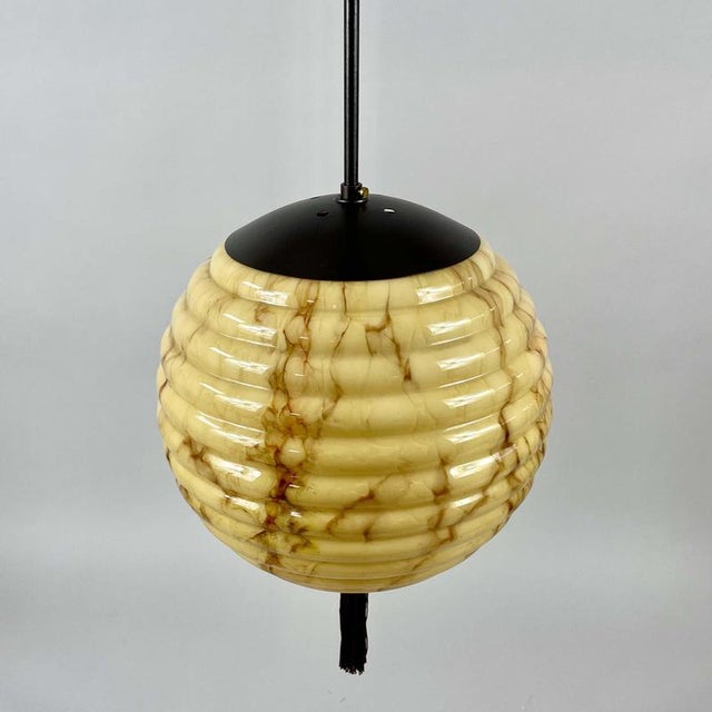 Metal Opaline Glass and Burnished Brass Beehive Ball Pendant, Germany, 1930s For Sale - Image 7 of 18