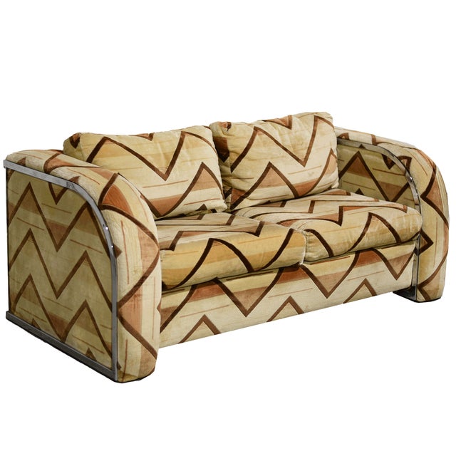 1970s Chrome Frame Sled Base Loveseat Geometric Chevron Upholstery For Sale - Image 14 of 14