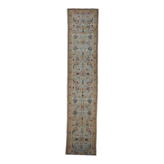 Persian Sultanabad Wool 3x25 Light Blue, Ivory & Gold Handmade Runner Rug #1141320 For Sale