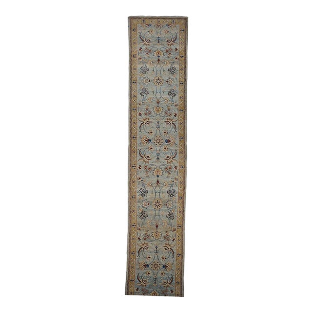Persian Sultanabad Wool 3x25 Light Blue, Ivory & Gold Handmade Runner Rug #1141320 For Sale
